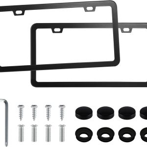 LivTee Black License Plate Frames, 2 Holes Stainless Steel License Plate Covers, 2PCS Car License Plate Holder, Automotive Exterior Accessories, Slim Design with Gasket Cover for US Cars