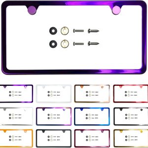 Two Holes Slim Version License Plate Frame Purple Mirror Chrome Electroplating Universal Fit Aluminum Screw On Cap Cover, T304 Stainless Steel, Rust Weather Proof Stainless Steel Screws (Qty: 1 Frame)